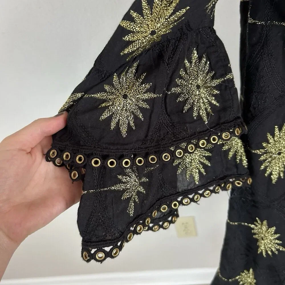 Boston Proper XS Off The Shoulder Dress Gold Black Mini Bell Sleeve Embroidered